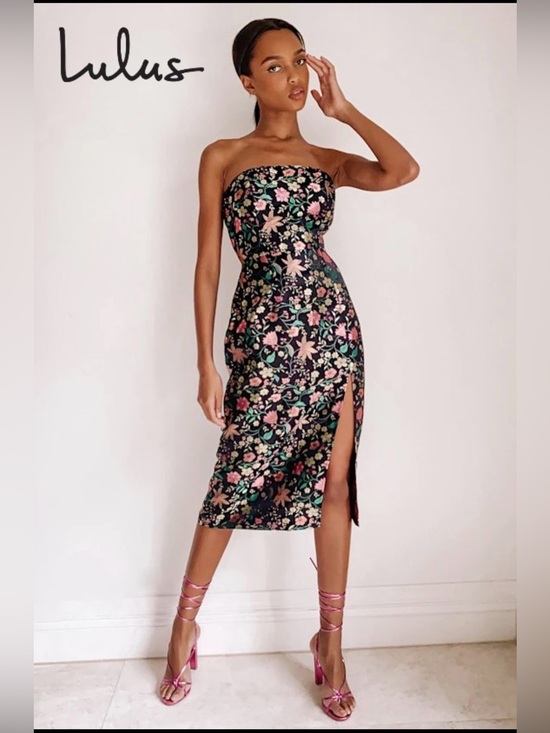 Lulus Dresses & Skirts - Lulus Make A Move Black Satin Floral Jacquard Strapless Midi Dress | Size XS